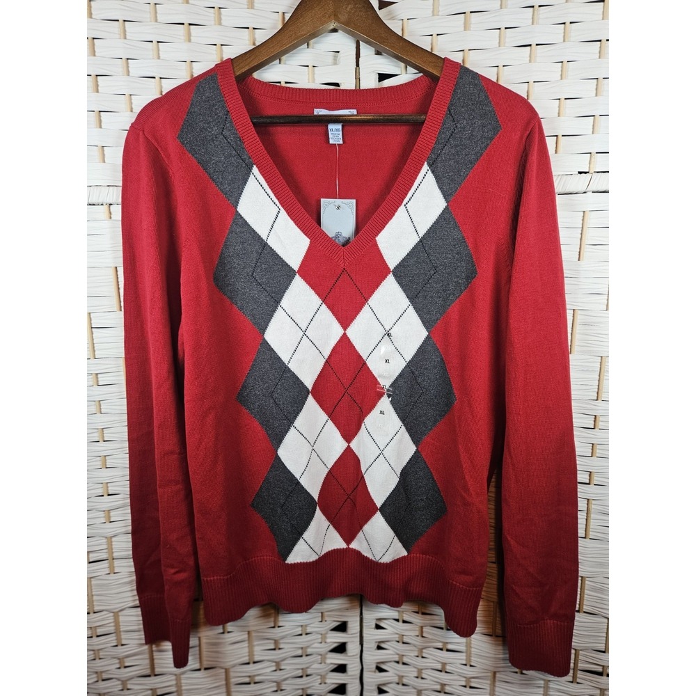 Izod Womens Red Gray White Argyle Golf Sweater Sz XL NWT Preppy Golf Casual